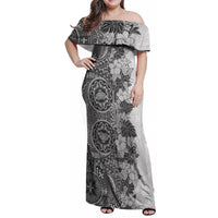 Polynesia Family Matching Off Shoulder Maxi Dress and Hawaiian Shirt Hibiscus and Hawaiian Tribal Tattoo Retro Style Gray Color LT9 Mom's Dress Gray - Polynesian Pride