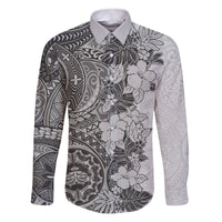 Polynesia Family Matching Puletasi Dress and Hawaiian Shirt Hibiscus and Hawaiian Tribal Tattoo Retro Style Gray Color LT9 Dad's Shirt - Long Sleeve Gray - Polynesian Pride