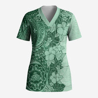 Polynesia Scrub Top Hibiscus Hawaiian Tribal Tattoo Retro Green - Polynesian Pride