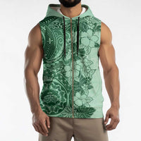 Polynesia Sleeveless Zip Hoodie Hibiscus Hawaiian Tribal Tattoo Retro Green - Polynesian Pride