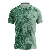 Polynesia Zipper Polo Shirt Hibiscus Hawaiian Tribal Tattoo Retro Green - Polynesian Pride