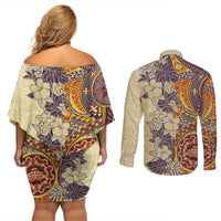 Polynesia Couples Matching Off Shoulder Short Dress and Long Sleeve Button Shirt Hibiscus and Hawaiian Tribal Tattoo Retro Style Tan Color LT9 - Polynesian Pride