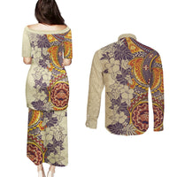 Polynesia Couples Matching Puletasi Dress and Long Sleeve Button Shirt Hibiscus and Hawaiian Tribal Tattoo Retro Style Tan Color LT9 - Polynesian Pride