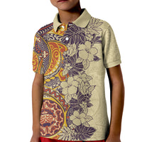 Polynesia Kid Polo Shirt Hibiscus and Hawaiian Tribal Tattoo Retro Style Tan Color LT9 Kid Tan - Polynesian Pride