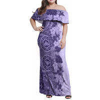 Polynesia Family Matching Off Shoulder Maxi Dress and Hawaiian Shirt Hibiscus and Hawaiian Tribal Tattoo Retro Style Violet Color LT9 Mom's Dress Violet - Polynesian Pride