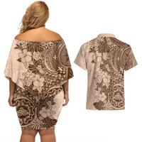 Polynesia Couples Matching Off Shoulder Short Dress and Hawaiian Shirt Hibiscus and Hawaiian Tribal Tattoo Retro Style Pink Pastel LT9 - Polynesian Pride