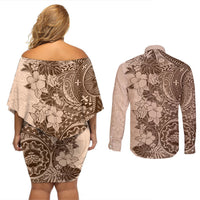 Polynesia Couples Matching Off Shoulder Short Dress and Long Sleeve Button Shirt Hibiscus and Hawaiian Tribal Tattoo Retro Style Pink Pastel LT9 - Polynesian Pride