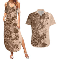 Polynesia Couples Matching Summer Maxi Dress and Hawaiian Shirt Hibiscus and Hawaiian Tribal Tattoo Retro Style Pink Pastel LT9 Pink Pastel - Polynesian Pride
