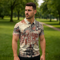Hawaii Beige Version Zipper Polo Shirt Aloha Tribal Pattern - Polynesian Pride