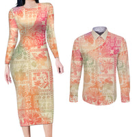 Hawaii Couples Matching Long Sleeve Bodycon Dress and Long Sleeve Button Shirt Aloha Tribal Pattern Sweat Pink Ombre LT9 Pink - Polynesian Pride