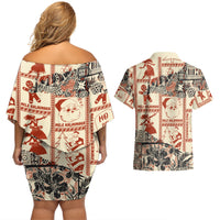Aloha Hawaii Christmas Couples Matching Off Shoulder Short Dress and Hawaiian Shirt Mele Kalikimaka Tapa Tribal Retro Style LT9 - Polynesian Pride