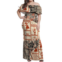 Aloha Hawaii Christmas Off Shoulder Maxi Dress Mele Kalikimaka Tapa Tribal Retro Style LT9 Women Beige - Polynesian Pride