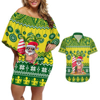 Cook Islands Christmas Couples Matching Off Shoulder Short Dress and Hawaiian Shirt Santa Beach Meri Kiritimiti LT9 Green - Polynesian Pride