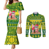 Personalised Cook Islands Christmas Couples Matching Mermaid Dress and Long Sleeve Button Shirt Santa Beach Meri Kiritimiti LT9 Green - Polynesian Pride