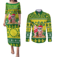 Personalised Cook Islands Christmas Couples Matching Puletasi Dress and Long Sleeve Button Shirt Santa Beach Meri Kiritimiti LT9 Green - Polynesian Pride