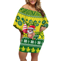 Personalised Cook Islands Christmas Family Matching Off Shoulder Short Dress and Hawaiian Shirt Santa Beach Meri Kiritimiti LT9 Mom's Dress Green - Polynesian Pride