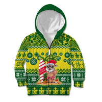 Personalised Cook Islands Christmas Kid Hoodie Santa Beach Meri Kiritimiti LT9 Zip Hoodie Green - Polynesian Pride