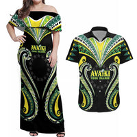 Custom Rugby Cook Islands Avaiki Couples Matching Off Shoulder Maxi Dress and Hawaiian Shirt Black Kuki Airani Tribal Maori Inspired LT9 Black - Polynesian Pride