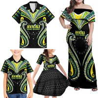Custom Rugby Cook Islands Avaiki Family Matching Off Shoulder Maxi Dress and Hawaiian Shirt Black Kuki Airani Tribal Maori Inspired - Polynesian Pride