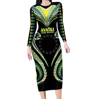 Custom Rugby Cook Islands Avaiki Long Sleeve Bodycon Dress Black Kuki Airani Tribal Maori Inspired LT9 Long Dress Black - Polynesian Pride
