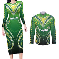 Custom Rugby Cook Islands Avaiki Couples Matching Long Sleeve Bodycon Dress and Long Sleeve Button Shirt Green Kuki Airani Tribal Maori Inspired LT9 Green - Polynesian Pride