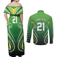 Custom Rugby Cook Islands Avaiki Couples Matching Off Shoulder Maxi Dress and Long Sleeve Button Shirt Green Kuki Airani Tribal Maori Inspired LT9 - Polynesian Pride