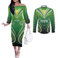 Custom Rugby Cook Islands Avaiki Couples Matching Off The Shoulder Long Sleeve Dress and Long Sleeve Button Shirt Green Kuki Airani Tribal Maori Inspired LT9 Green - Polynesian Pride