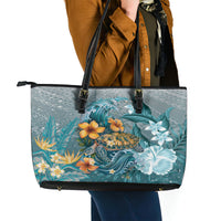 Sea Turtle In The Ocean Leather Tote Bag with Polynesian Pattern Arty Style
