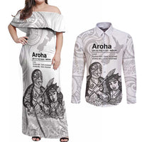 Aroha Maori Language Couples Matching Off Shoulder Maxi Dress and Long Sleeve Button Shirt Te Reo Maori Inspired Art