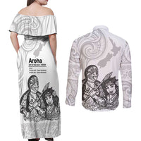 Aroha Maori Language Couples Matching Off Shoulder Maxi Dress and Long Sleeve Button Shirt Te Reo Maori Inspired Art