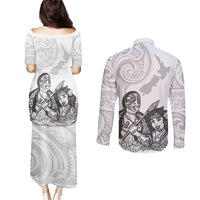 Aroha Maori Language Couples Matching Puletasi and Long Sleeve Button Shirt Te Reo Maori Inspired Art