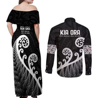 Kia Ora Maori Language Couples Matching Off Shoulder Maxi Dress and Long Sleeve Button Shirt Te Reo Maori Koru Fern Art