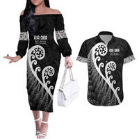 Kia Ora Maori Language Couples Matching Off The Shoulder Long Sleeve Dress and Hawaiian Shirt Te Reo Maori Koru Fern Art