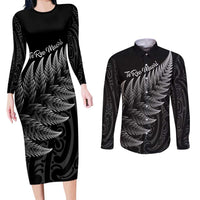 New Zealand Te Reo Māori Couples Matching Long Sleeve Bodycon Dress and Long Sleeve Button Shirt Simple Black Fern
