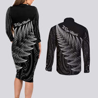 New Zealand Te Reo Māori Couples Matching Long Sleeve Bodycon Dress and Long Sleeve Button Shirt Simple Black Fern
