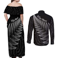 New Zealand Te Reo Māori Couples Matching Off Shoulder Maxi Dress and Long Sleeve Button Shirt Simple Black Fern