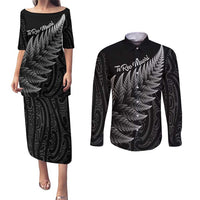 New Zealand Te Reo Māori Couples Matching Puletasi and Long Sleeve Button Shirt Simple Black Fern