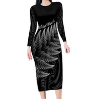 New Zealand Te Reo Mori Family Matching Long Sleeve Bodycon Dress and Hawaiian Shirt Simple Black Fern LT9 Mom's Dress Black - Polynesian Pride