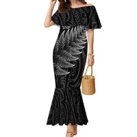 New Zealand Te Reo Mori Family Matching Mermaid Dress and Hawaiian Shirt Simple Black Fern LT9 Mom's Dress Black - Polynesian Pride
