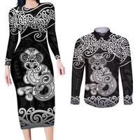 Te Reo Maori Tiki Inspired Art Couples Matching Long Sleeve Bodycon Dress and Long Sleeve Button Shirt
