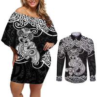 Te Reo Maori Tiki Inspired Art Couples Matching Off Shoulder Short Dress and Long Sleeve Button Shirt