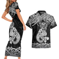 Te Reo Maori Tiki Inspired Art Couples Matching Short Sleeve Bodycon Dress and Hawaiian Shirt
