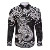 Te Reo Maori Tiki Inspired Art Family Matching Long Sleeve Bodycon Dress and Hawaiian Shirt LT9 Dad's Shirt - Long Sleeve Black - Polynesian Pride