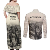 Whanau Maori Language Couples Matching Off Shoulder Maxi Dress and Long Sleeve Button Shirt Te Reo Maori Inspired Art
