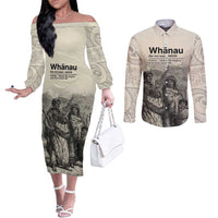 Whanau Maori Language Couples Matching Off The Shoulder Long Sleeve Dress and Long Sleeve Button Shirt Te Reo Maori Inspired Art