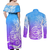 Polynesian Sunset Plumeria Couples Matching Off Shoulder Maxi Dress and Long Sleeve Button Shirts Pacific Island Tribal Blue Style LT9 - Polynesian Pride