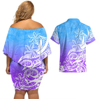 Polynesian Sunset Plumeria Couples Matching Off Shoulder Short Dress and Hawaiian Shirt Pacific Island Tribal Blue Style LT9 - Polynesian Pride