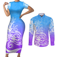Polynesian Sunset Plumeria Couples Matching Short Sleeve Bodycon Dress and Long Sleeve Button Shirts Pacific Island Tribal Blue Style LT9 Blue - Polynesian Pride