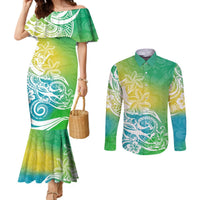 Polynesian Sunset Plumeria Couples Matching Mermaid Dress and Long Sleeve Button Shirts Pacific Island Tribal Green Style LT9 Green - Polynesian Pride
