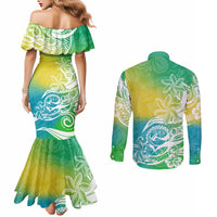 Polynesian Sunset Plumeria Couples Matching Mermaid Dress and Long Sleeve Button Shirts Pacific Island Tribal Green Style LT9 - Polynesian Pride